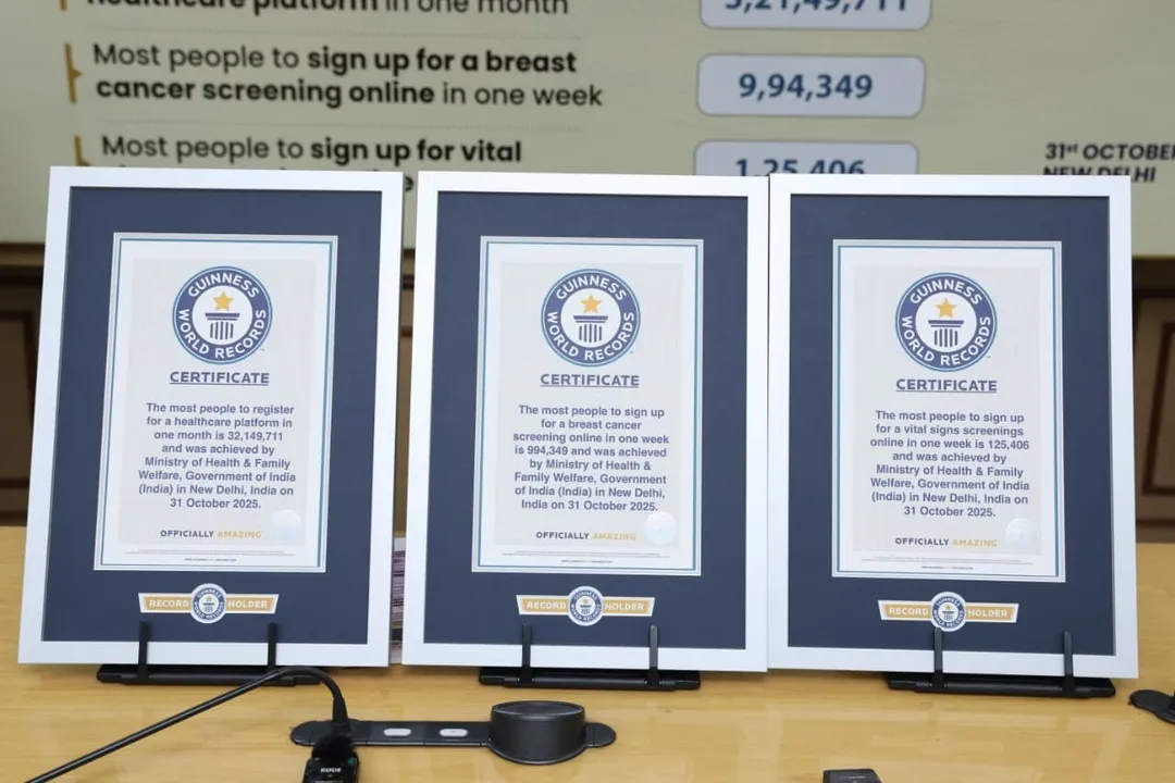  India achieves three GUINNESS WORLD RECORDS titles under the nationwide #SwasthNariSashaktParivarAbhiyaan, reaffirming our commitment to preventive and women-centric healthcare. Photograph: (Jagat Prakash Nadda/X) 