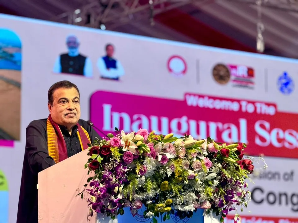   Union Minister Nitin Gadkari speaks at the Indian Roads Congress in Bhubaneswar.  