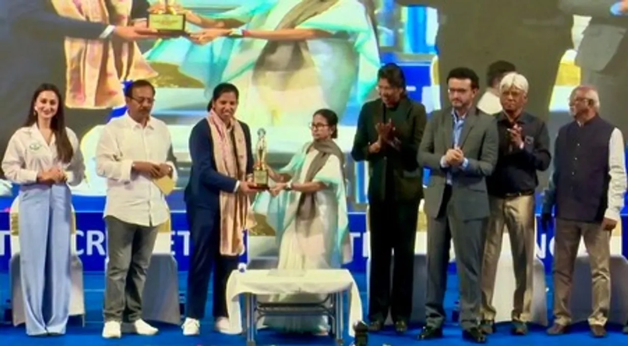  Woman cricketer Richa Ghosh being felicitated at the Eden Gardens on Saturday.  