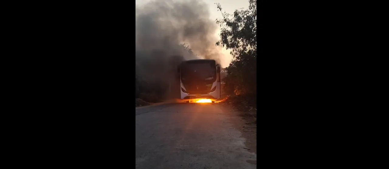  The OSRTC bus in flames in Bargarh.  