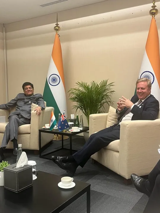  NZ Minister Todd McClay with Indian Minister of Commerce and Industry Piyush Goyal at MC13 Photograph: (Todd McClay/X (File Pic)) 