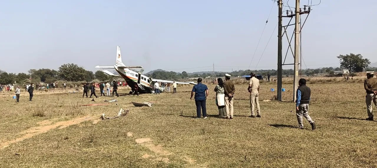  Odisha Transport Secretary Usha Padhee visits site where a private aircraft had crash-landed in Rourkela on Saturday. Photograph: (Sambad) 