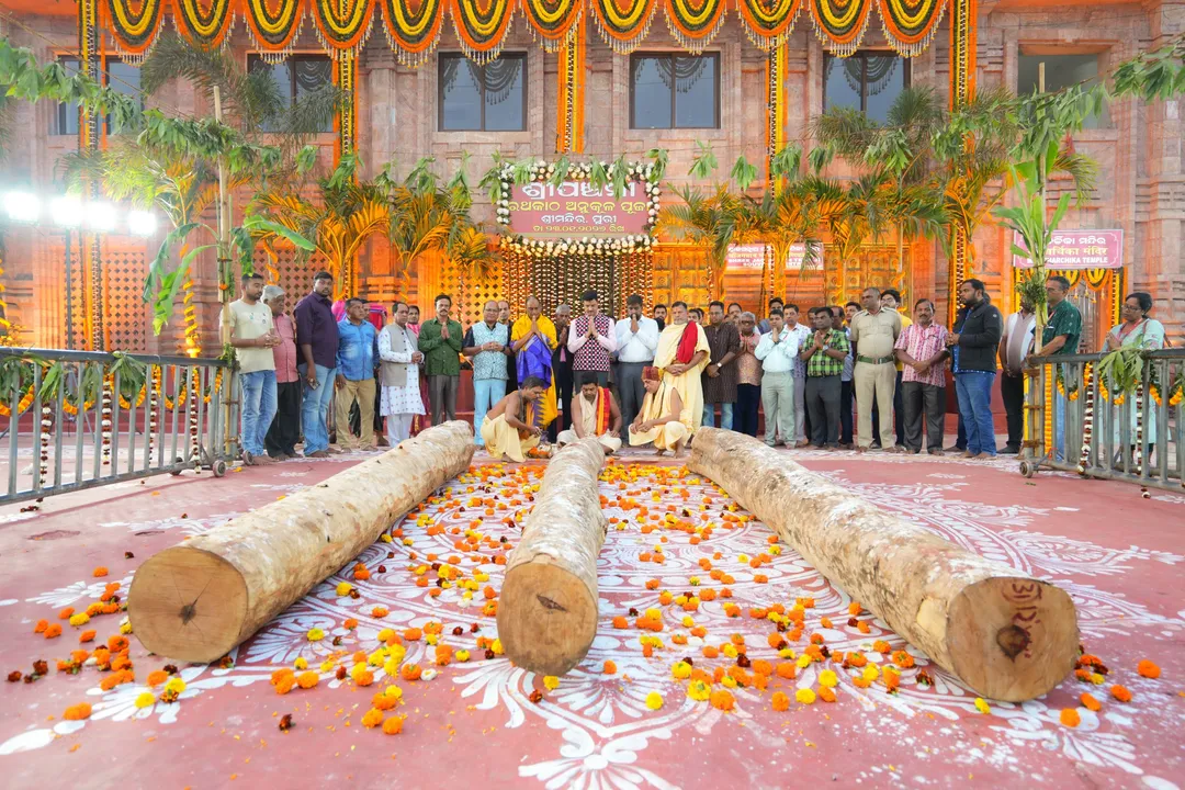 Priests consecrating logs for chariot construction at Puri.  