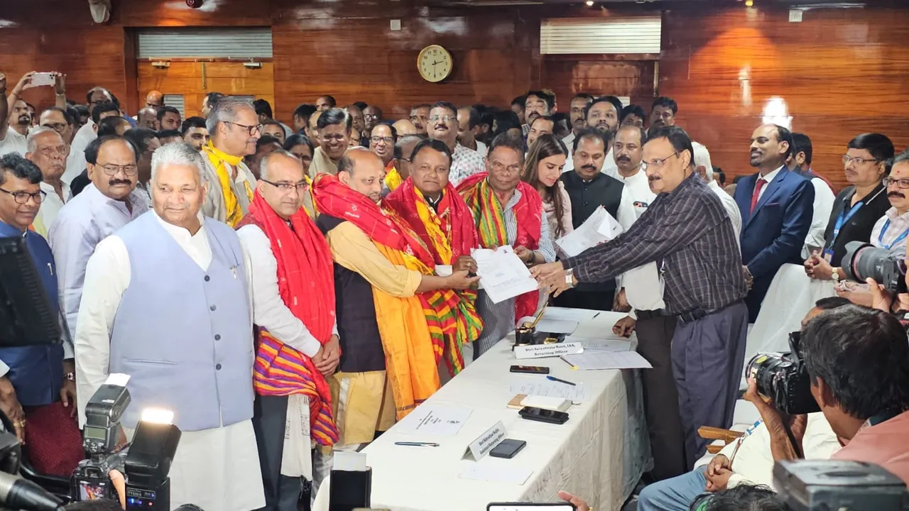  Dilip Ray (Right) files nomination as independent candidate for Rajya Sabha elections in Odisha Photograph: (Nityananda Gond/X) 