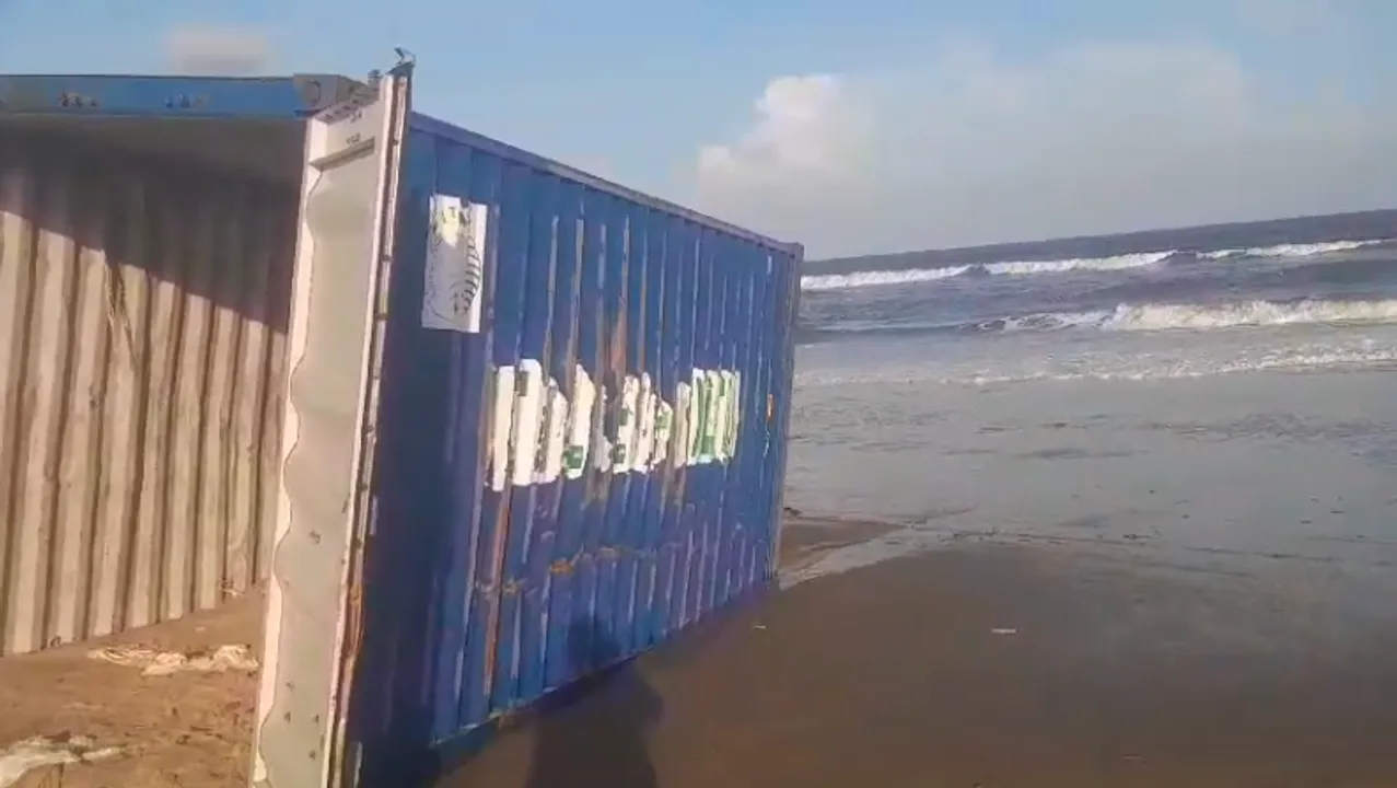  A container that was washed ashore at Satabhaya in Kendrapara.   