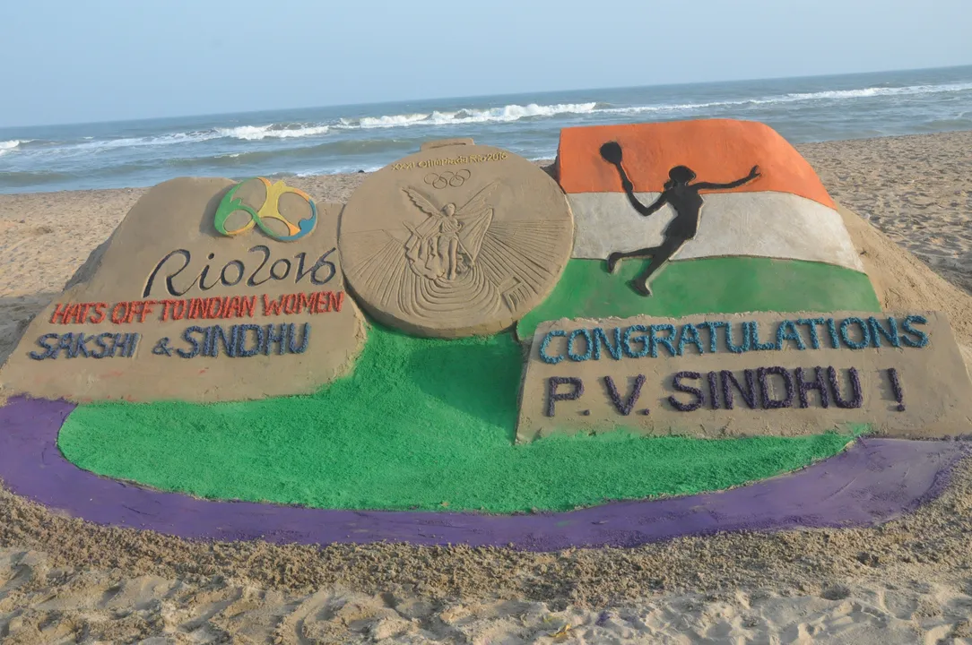  Sand art on Odisha beach to congratulate Sindhu on historic win