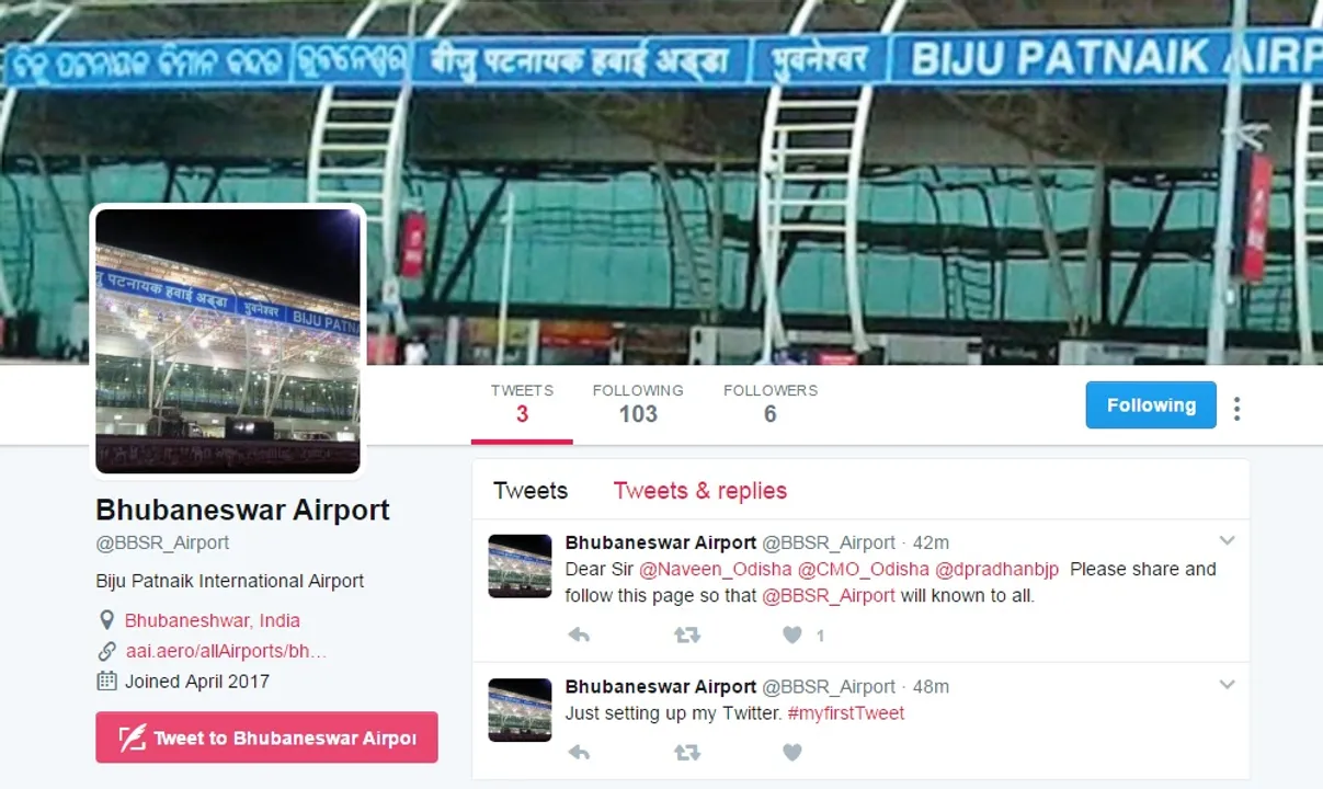  Bhubaneswar airport debuts on Twitter