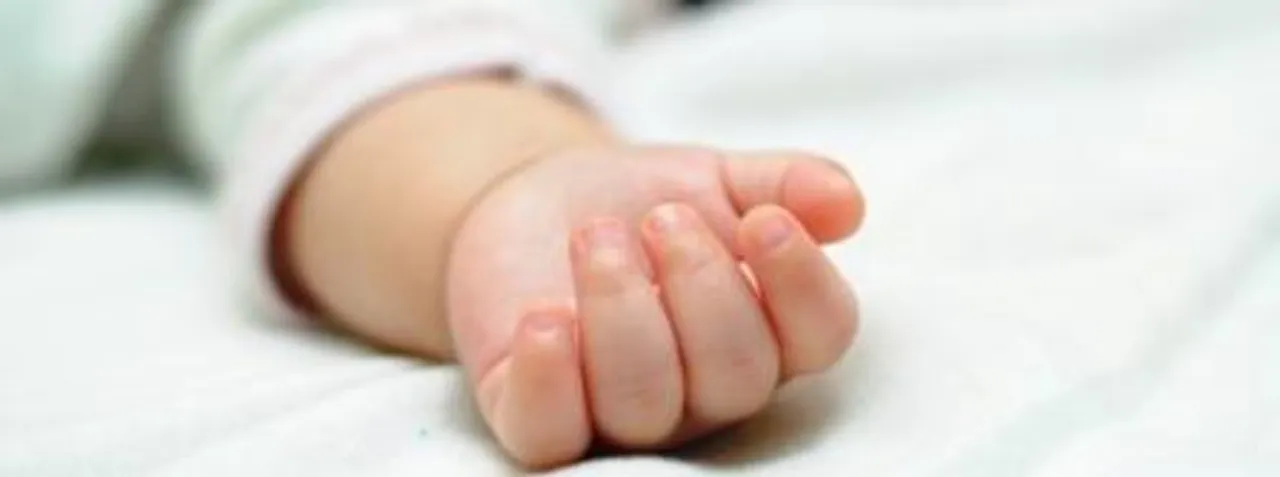  Fingers of newborn 4-month baby in white background 