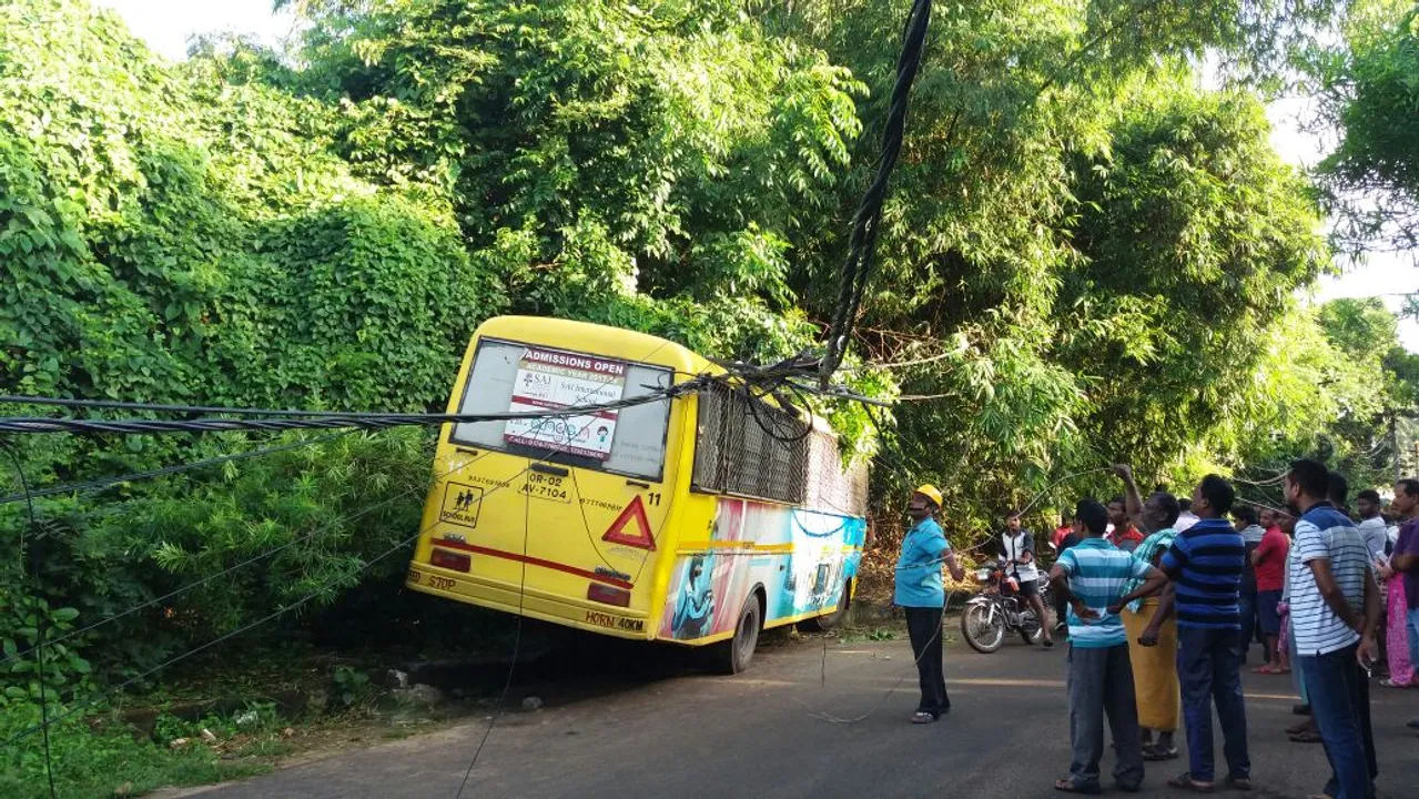  Narrow escape for students as school bus rams into electric pole in Odisha capital