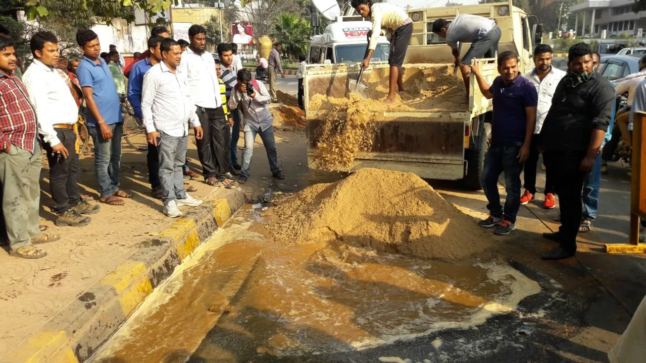  Narrow escape for bus carrying students as road in Odisha capital caves in