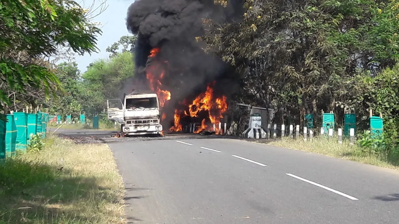  Oil tanker catches fire following collision with truck; 1 killed