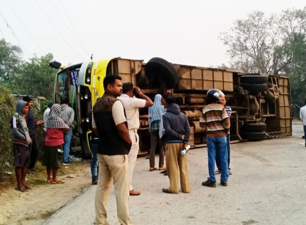  Close shave for passengers as bus overturns after being hit by truck in Odisha's Sambalpur