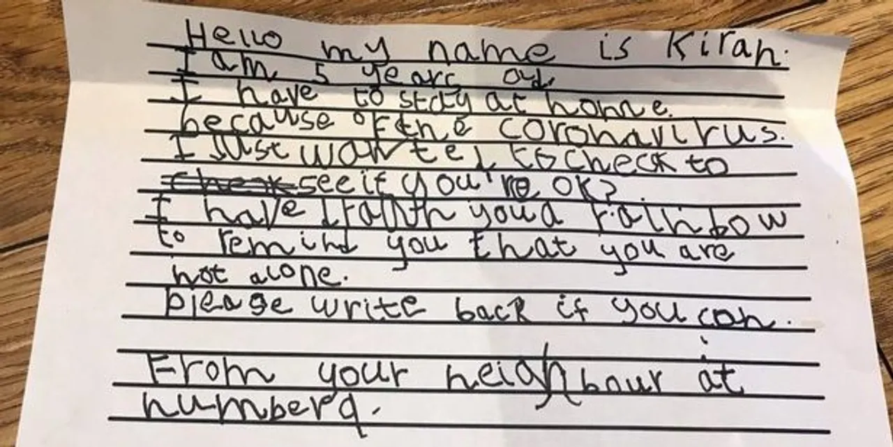  COVID-19 lockdown: 5-YO pens heartfelt letter to 93-YO who lives alone