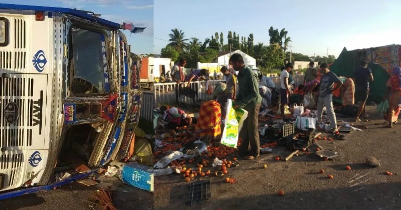  Locals loot tomatoes as truck overturns in Odisha's Ganjam