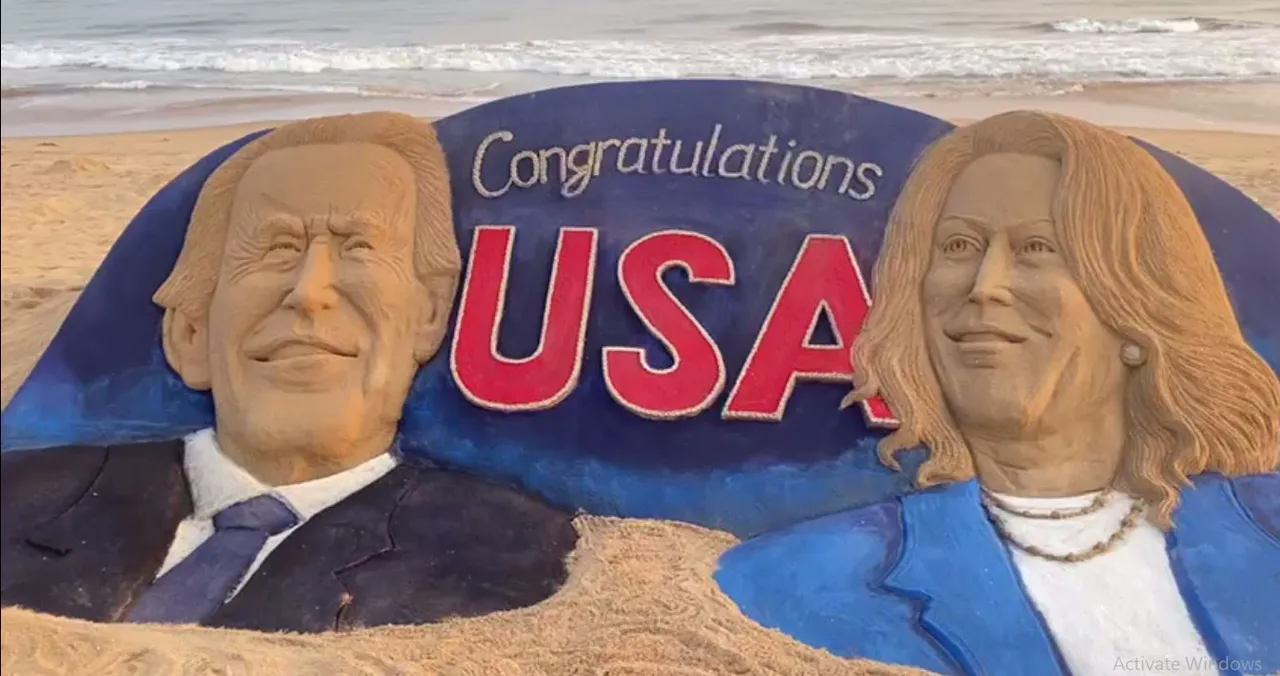  Sand sculpture in Odisha hails Biden, Harris win