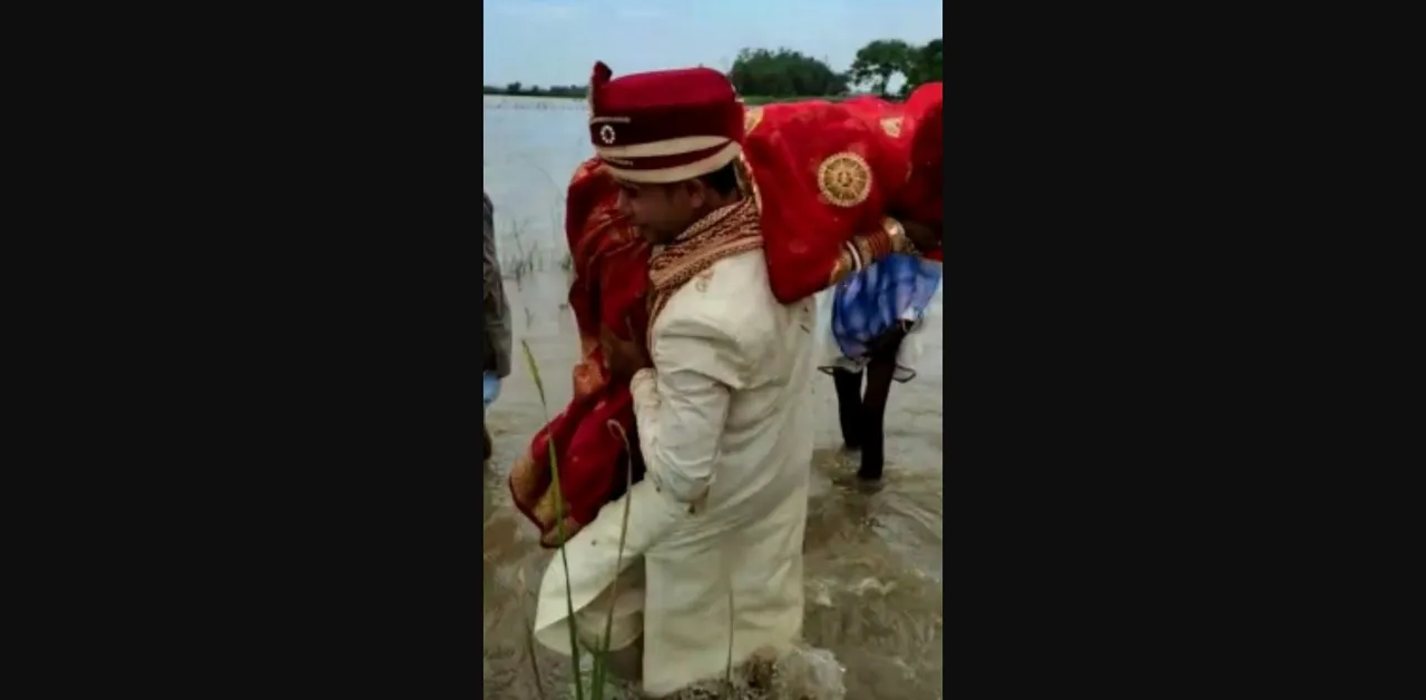  Groom carries bride on shoulder across river in Bihar; Video goes viral