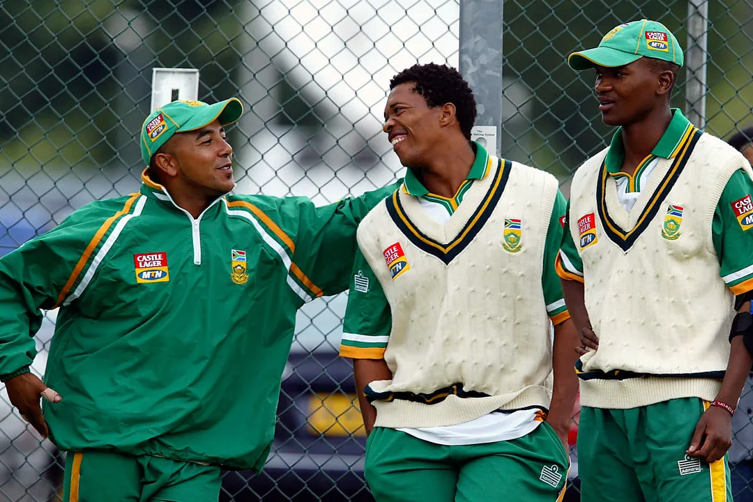  BIRMINGHAM, ENGLAND - JULY 23:  (L-R) Paul Adams, Makhaya Ntini and Monde Zondeki take a break during the South Africa nets at Edgbaston on July 23, 2003 in Birmingham, England. South Africa play a test match against England, which commences July 24.  (Photo by Stu Forster/Getty Images). 