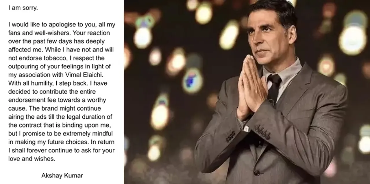  Akshay Kumar issues apology for starring in tobacco brand TVC, decides to step back. 