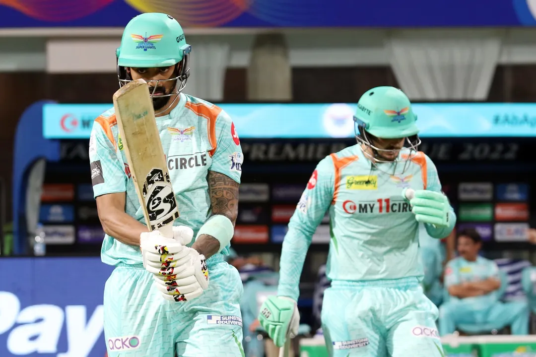  eKL Rahul captain of Lucknow super giants and Quinton De Kock of Lucknow super giants enter to the field of play to bat during match 15 of the TATA Indian Premier League 2022 (IPL season 15) between the Lucknow Super Giants and the Delhi Capitalsheld at the DY Patil Stadium in Mumbai on the 7th April 2022

Photo by Rahul Goyal / Sportzpics for IPL 