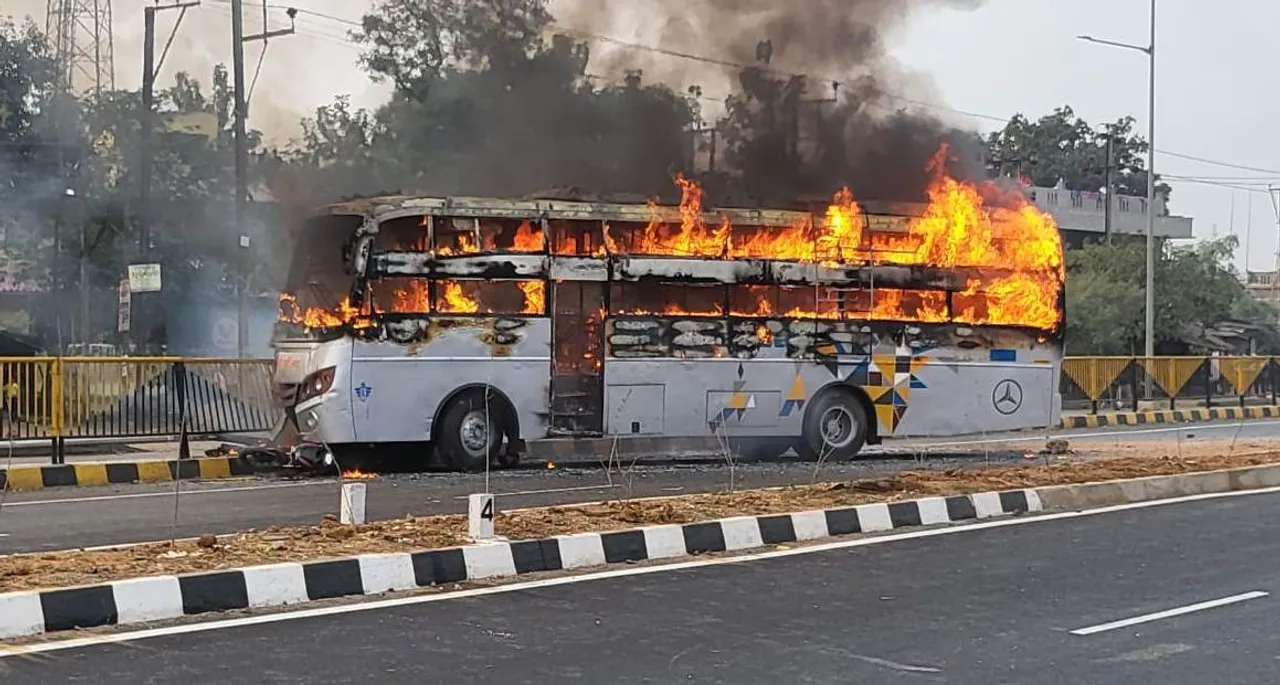  Locals set bus on fire after it hits biker on NH 18 in Odisha