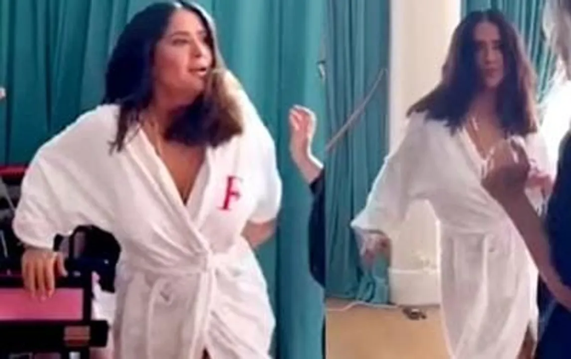  Salma Hayek suffers wardrobe malfunction while dancing in a social media video