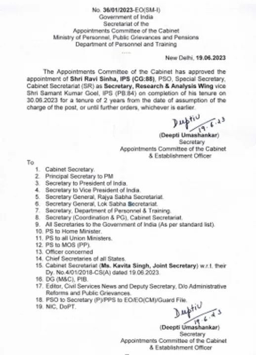  Ravi Sinha appointed new RAW chief