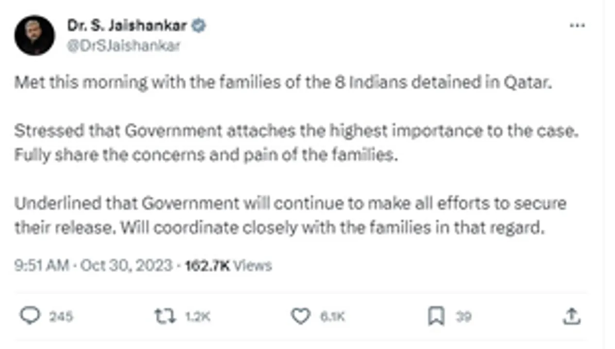  Jaishankar meets families of 8 detained Indians, says govt attaches highest importance to case