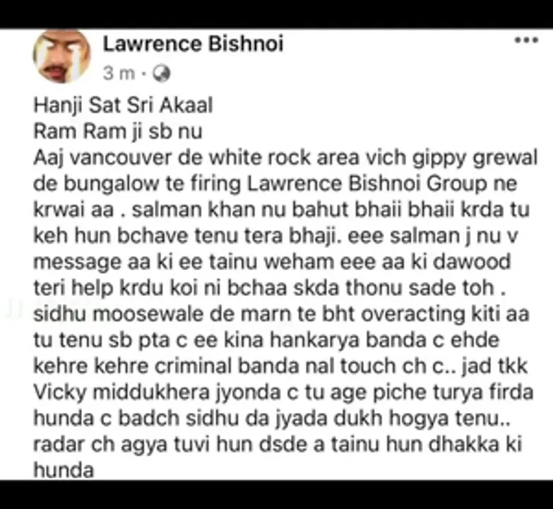  Lawrence Bishnoi group claims responsibility for firing outside Gippy Grewal's Canada residence