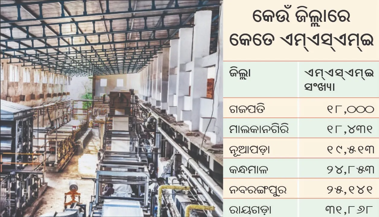  ଶିଳ୍ପରେ ୧୧ଟି ଜିଲ୍ଲା ପଛୁଆ: ଗଜପତିରେ ସର୍ବନିମ୍ନ ୧୮୦୦୦ ଏମ୍ଏସ୍‌ଏମ୍ଇ
