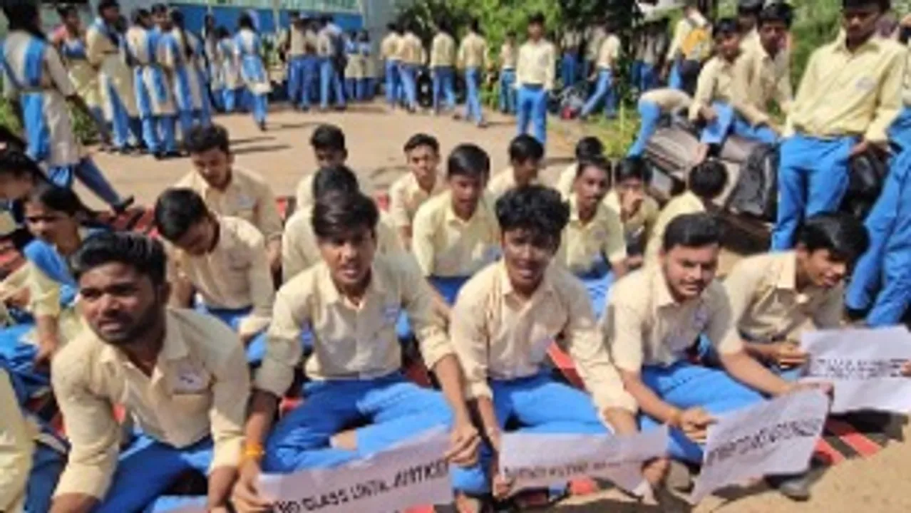  Students of Adarsha School on strike in Jyepore. Photograph: (sambad.in) 