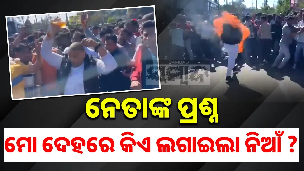  Someone in the crowd sets fire to a leader who was pouring petrol on himself Photograph: (sambad.in) 