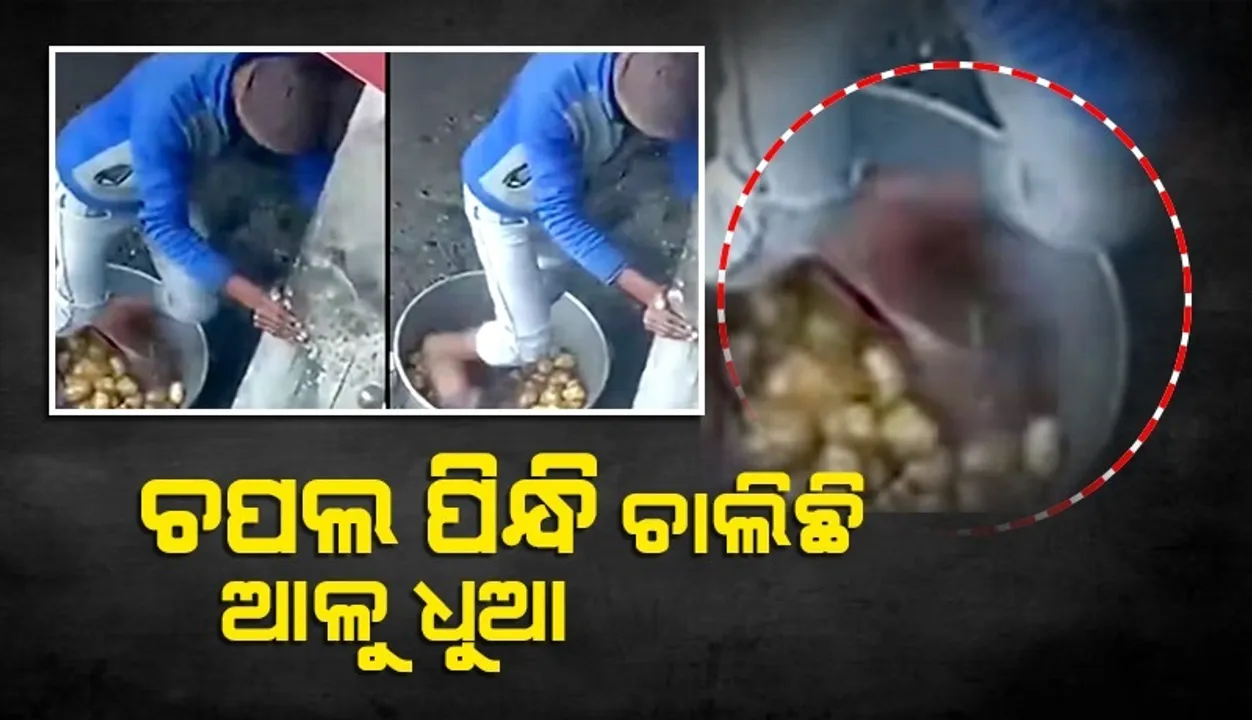  ବାଲଟିରେ ଭର୍ତ୍ତି ଥିବା ଆଳୁକୁ ଚପଲ ପିନ୍ଧି ସଫା କରୁଛନ୍ତି ସିଙ୍ଗଡ଼ା କାରିଗର
