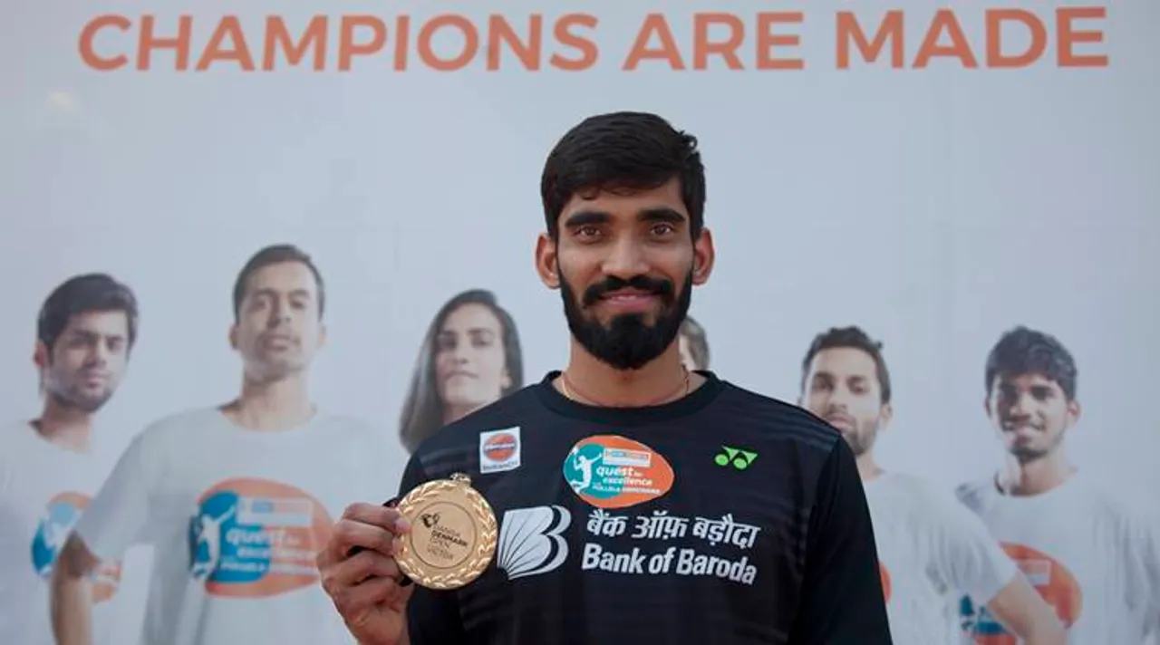  Indian Badminton player Srikanth Kidambi poses with his medal prior a press conference at the Pullela Gopichand Academy in Hyderabad, India, Tuesday, Oct. 31, 2017. Srikanth won the Denmark Open Premier super series and French Open super series men's singles titles. (AP Photo /Mahesh Kumar A.) 