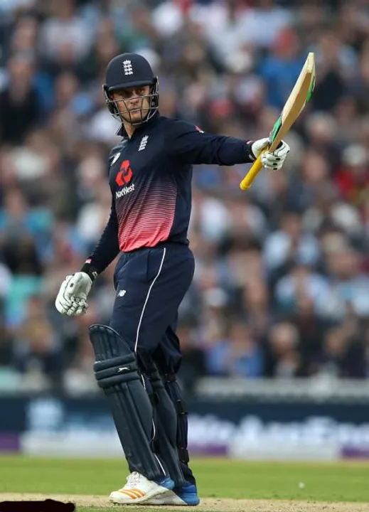  England's Jason Roy celebrates reaching his 50 during the Fourth Royal London One Day International at the Kia Oval, London. 