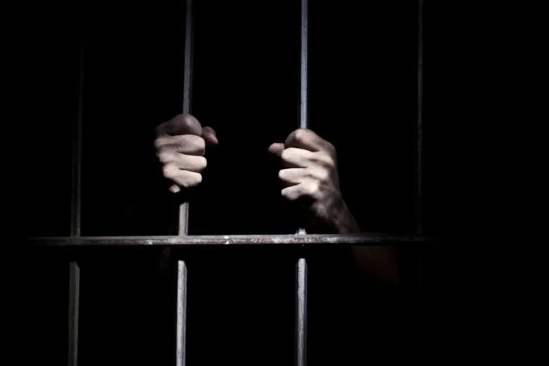  Hands of the prisoner on a steel lattice close up 