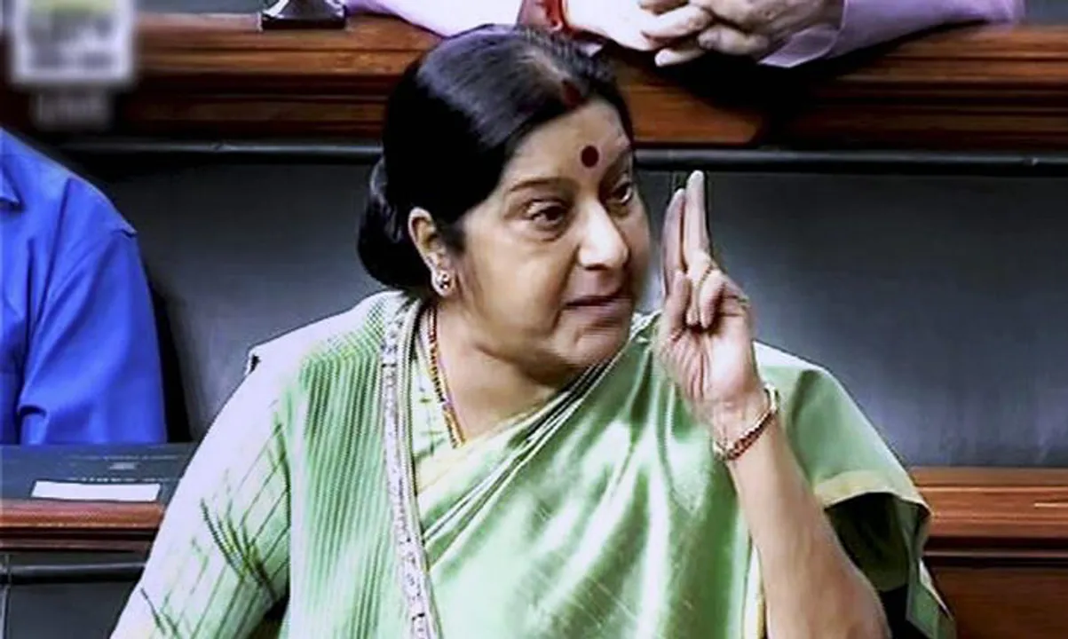  New Delhi: External Affairs Minister Sushma Swaraj speaks in the Lok Sabha in New Delhi on Wednesday. PTI Photo / TV GRAB  (PTI4_5_2017_000040a) 