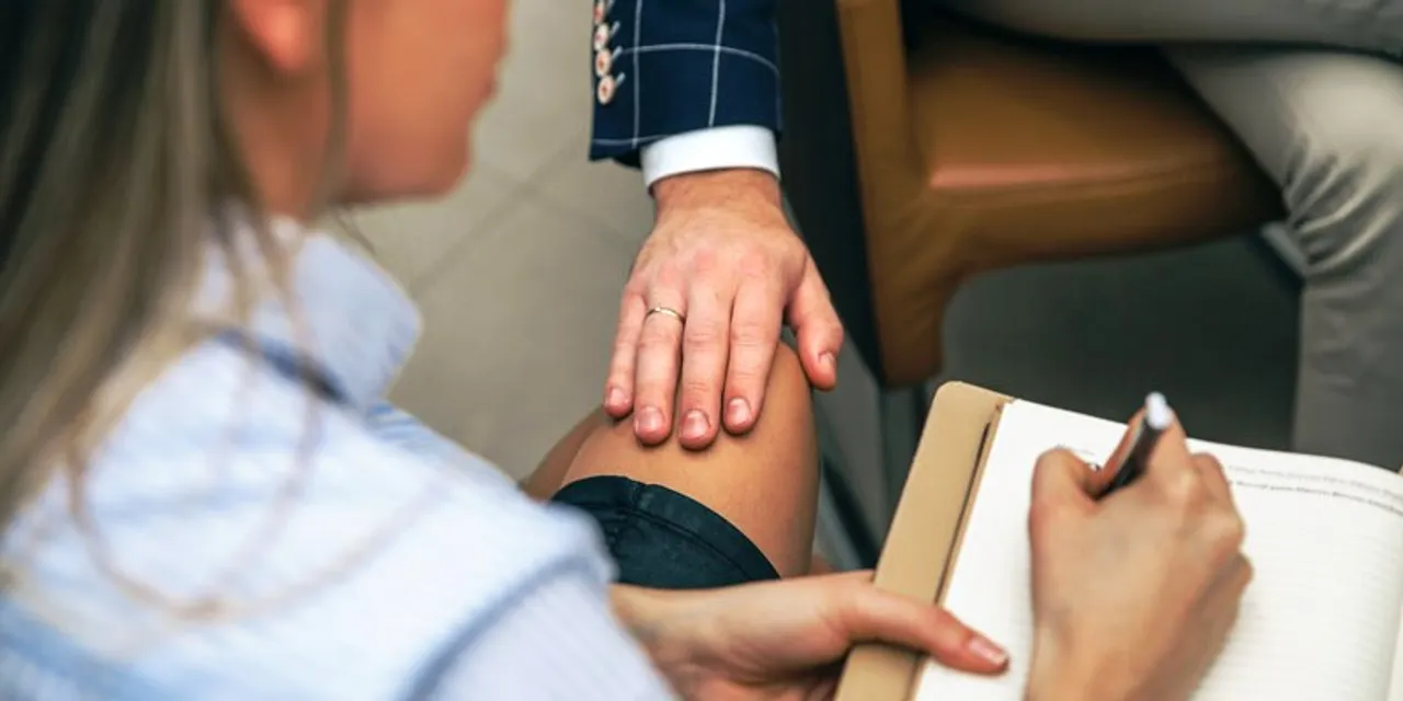  Boss sexual harassing to blonde secretary at workplace 