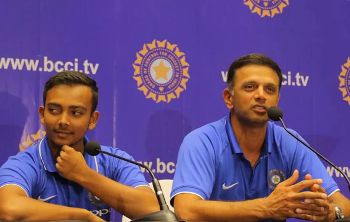  Under 19 Indian cricket team Captain Prithvi Shaw along with their coach and former Indian Cricket Player Rahul Dravid during the press conference at JW Marriott Sahar.
Express Photo by Vignesh Krishnamoorthy
05,February,2018,Mumbai. 