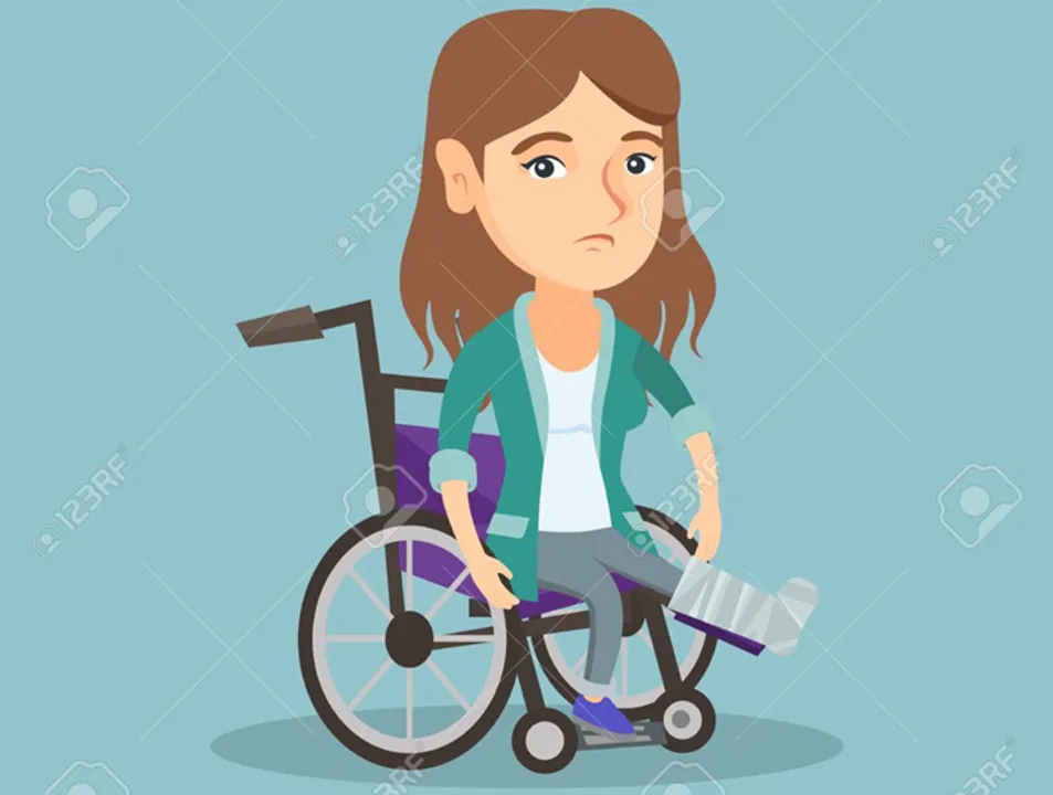  Young sad caucasian woman sitting in a wheelchair with broken leg in gypsum. Injured upset woman with fractured leg in gypsum suffering from pain. Vector cartoon illustration. Square layout. 