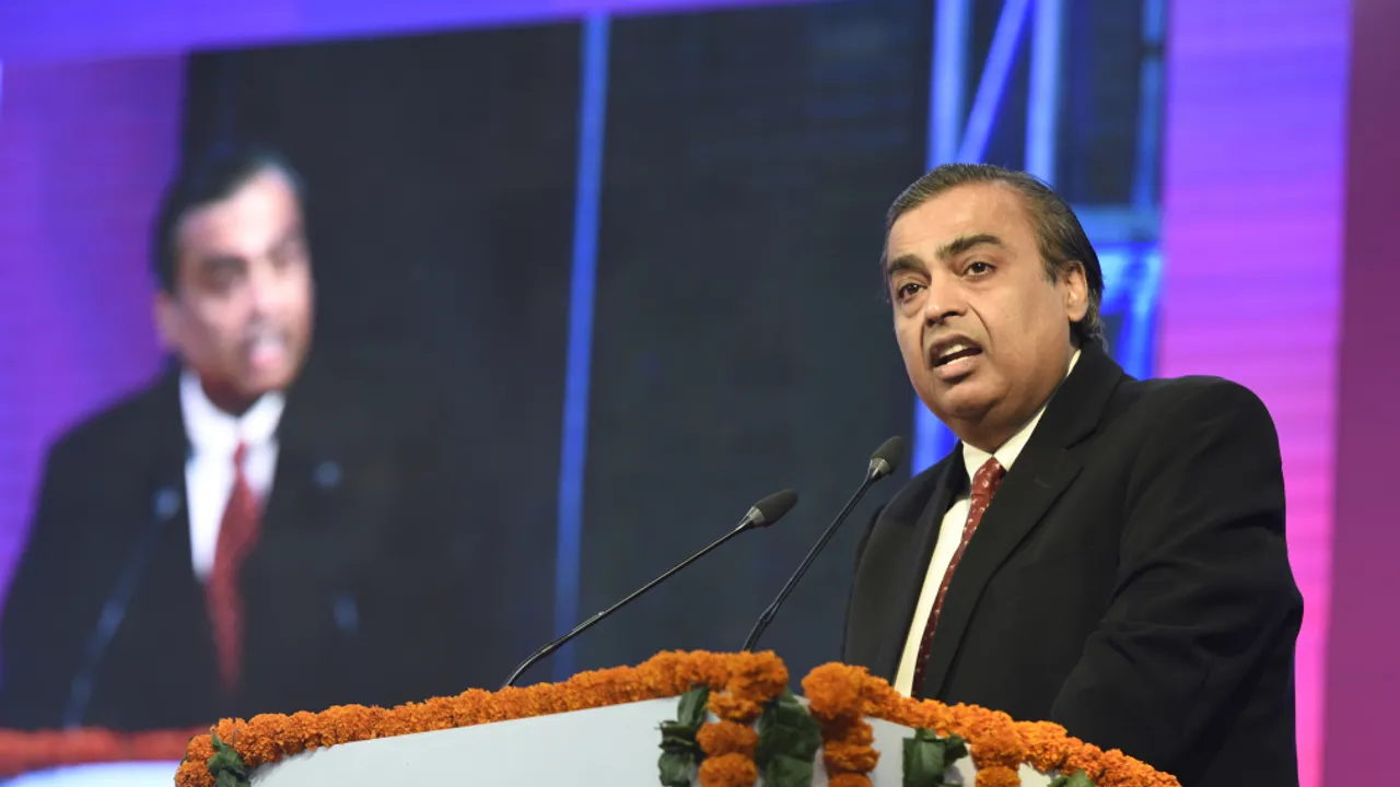  Mukesh Ambani addresses during the inauguration of India Mobile Congress at Pragati Maidan on September 27, 2017 in New Delhi, India. 