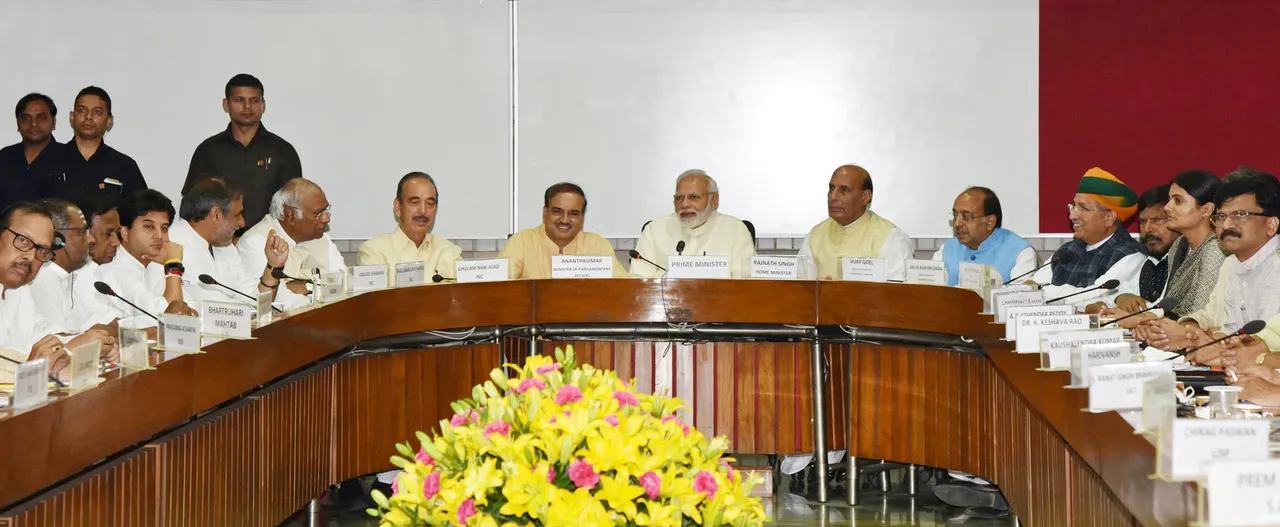  The Prime Minister, Shri Narendra Modi and other leaders of various parties in both the Houses of Parliament, at the all-party meeting, on the eve of the Monsoon Session 2018, at Parliament House, in New Delhi on July 17, 2018. 
