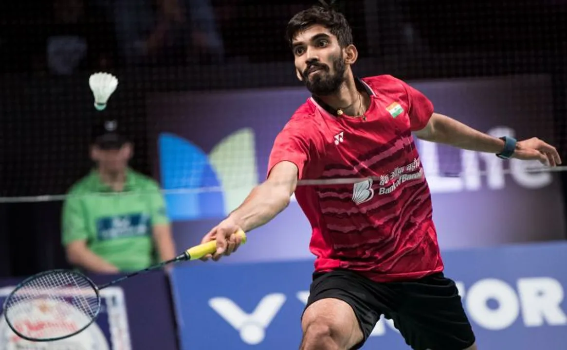  Badminton - Danisa Denmark Open - Mens Singles Final - Odense, Denmark - October 22, 2017-Kidambi Srikanth of India hits a return during the mens singles final match against Lee Hyun Il of Korea. Scanpix Denmark/Claus Fisker via REUTERS    ATTENTION EDITORS - THIS IMAGE WAS PROVIDED BY A THIRD PARTY. DENMARK OUT. NO COMMERCIAL OR EDITORIAL SALES IN DENMARK. NO COMMERCIAL SALES. - RC19B8BA9490 
