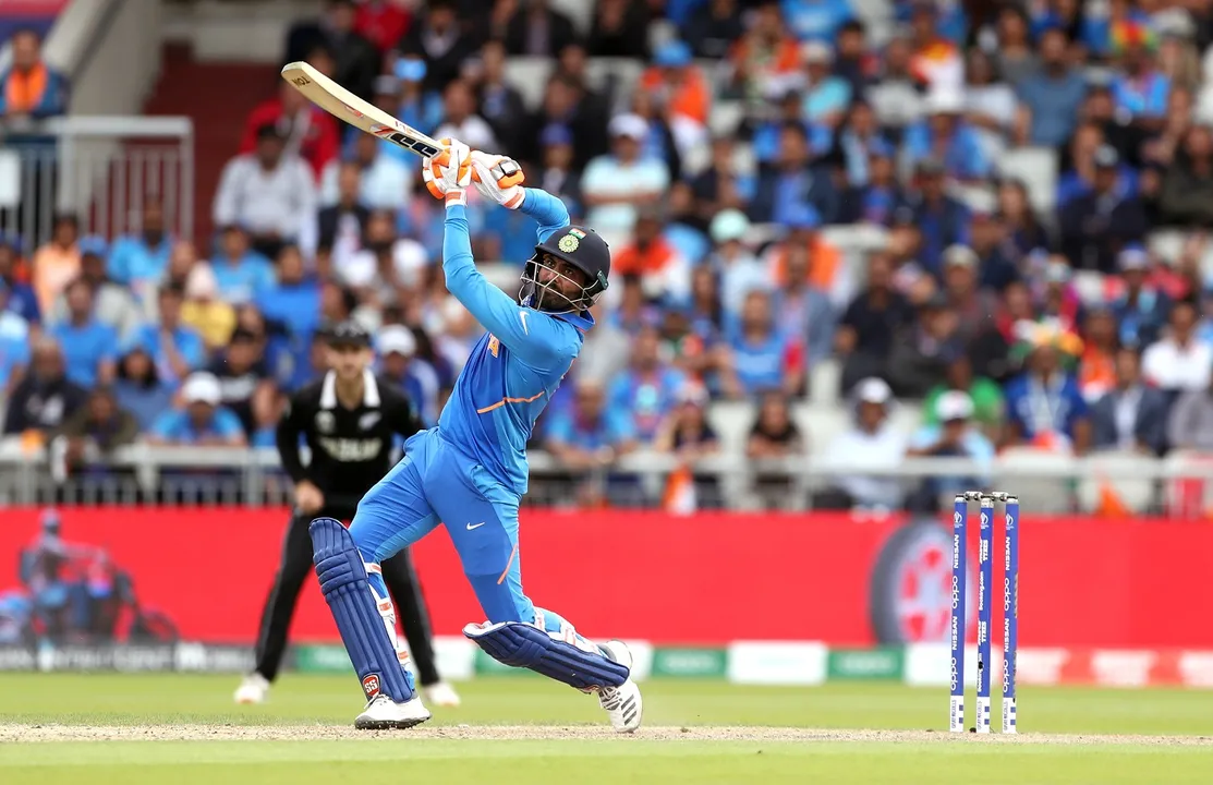  India's Ravindra Jadeja hits a six during the ICC World Cup, Semi Final at Old Trafford, Manchester. (Photo by David Davies/PA Images via Getty Images) 