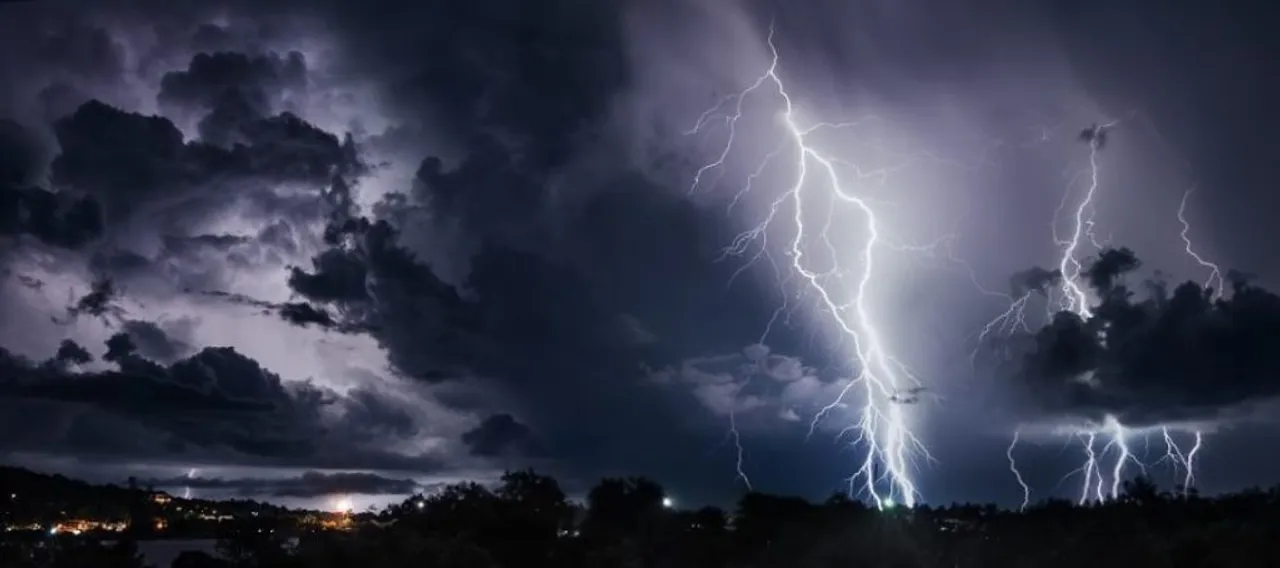  Thunderstorm with lightning bolts on the Thai island 
