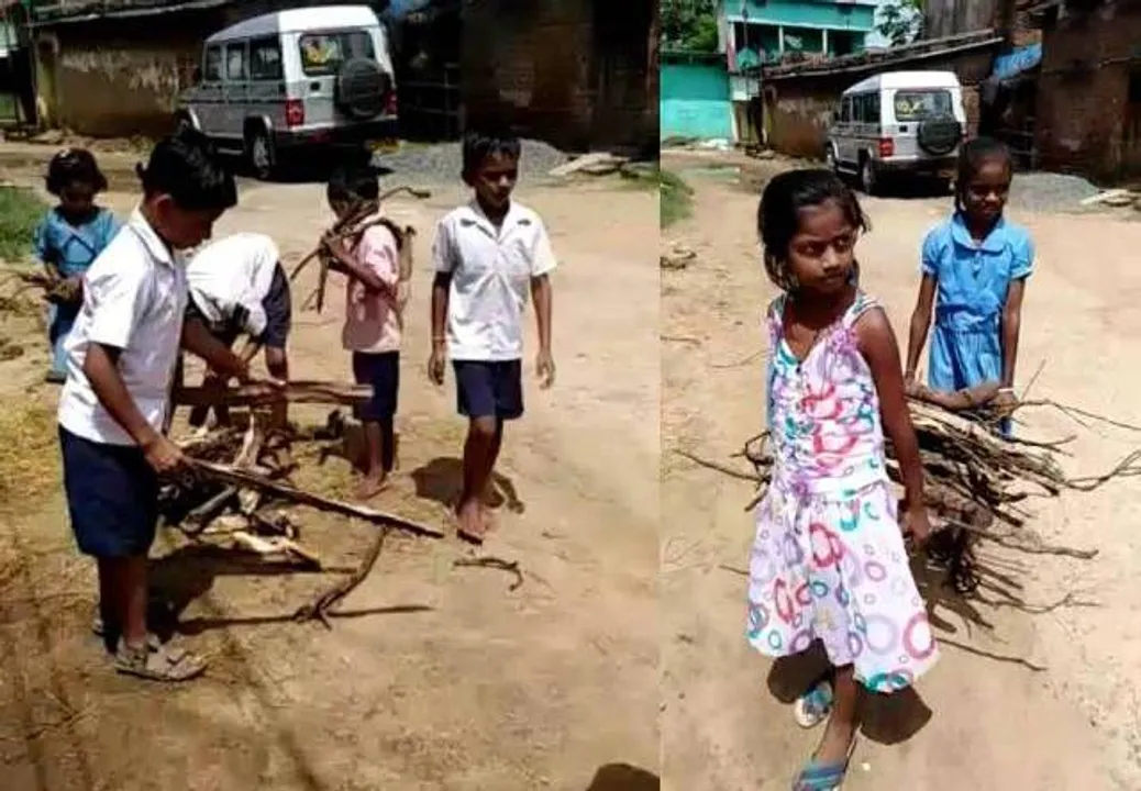  ବିଦ୍ୟାଳୟରେ ପାଠ ପଢିବା ବଦଳରେ ମଧ୍ୟାହ୍ଣ ଭୋଜନ ପ୍ରସ୍ତୁତି ପାଇଁ କାଠ ବୋହୁଛନ୍ତି ଛାତ୍ରଛାତ୍ରୀ