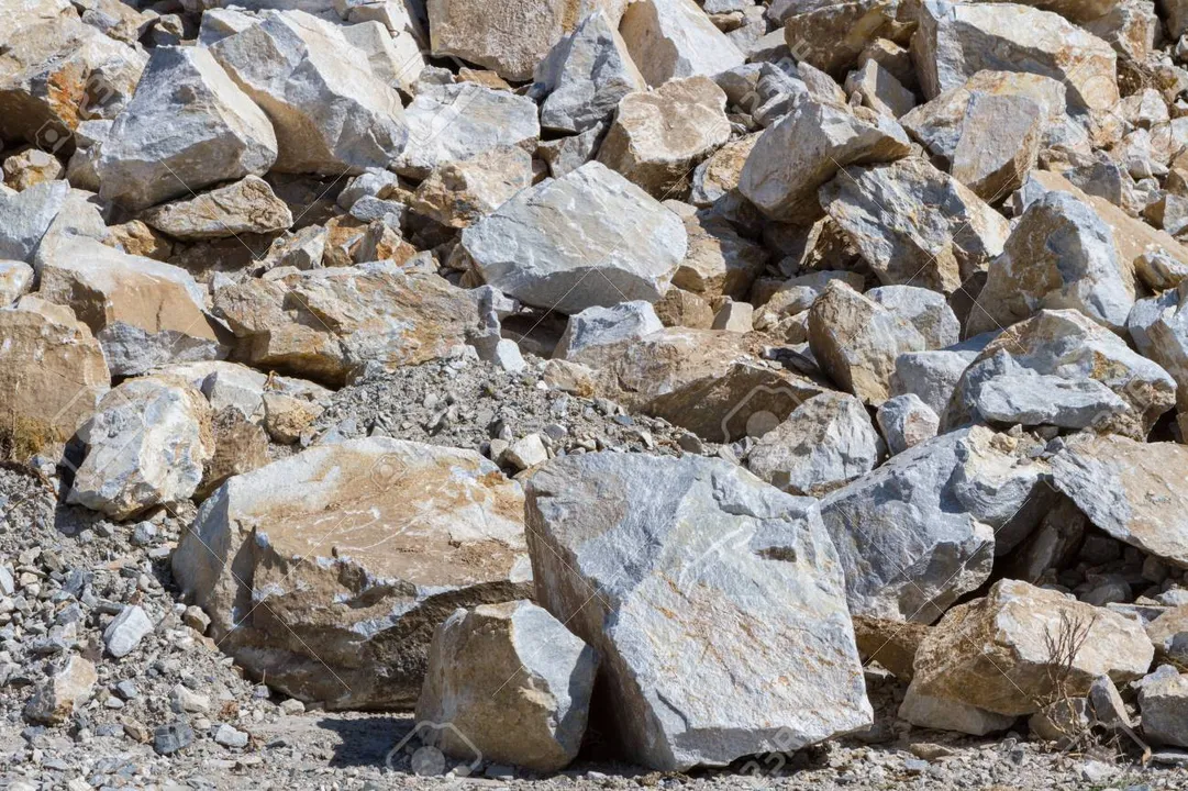  Placer of large stones in a stone quarry close-up. Mining industry. 