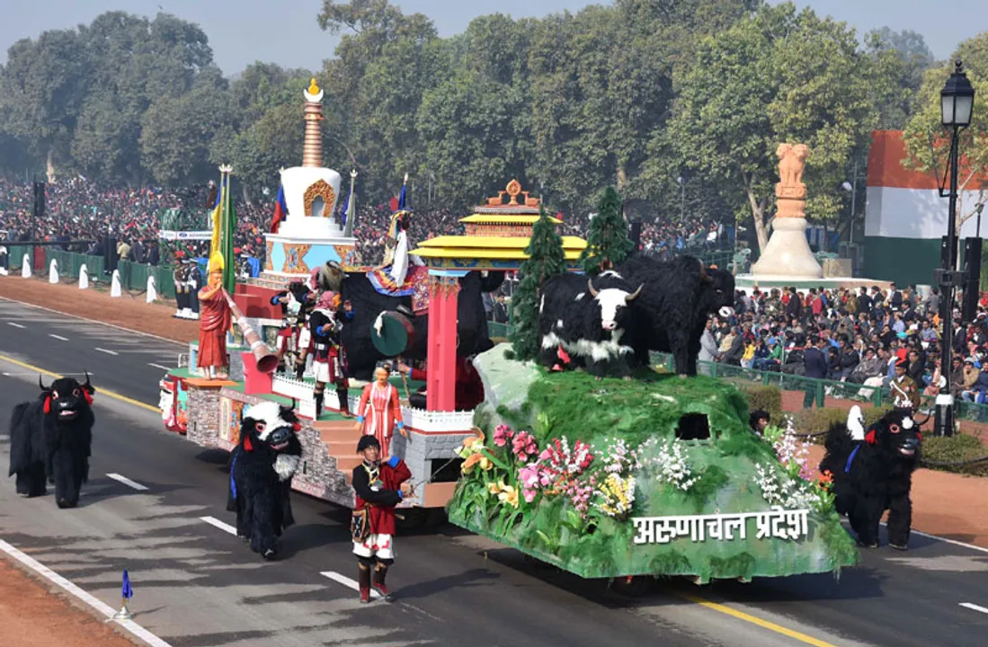  The tableau of Arunachal Pradesh passes through the Rajpath during the full dress rehearsal for the Republic Day Parade-2017, in New Delhi on January 23, 2017. 