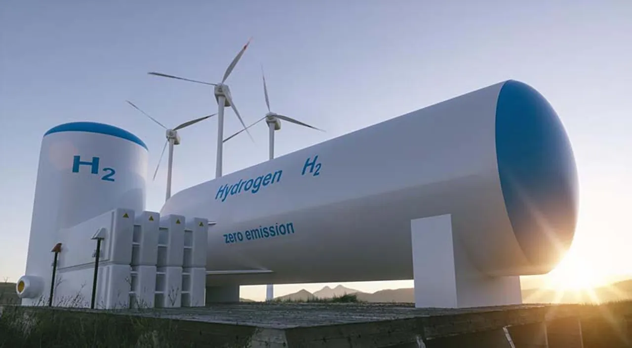  Hydrogen renewable energy production - hydrogen gas for clean electricity solar and windturbine facility. 3d rendering. 