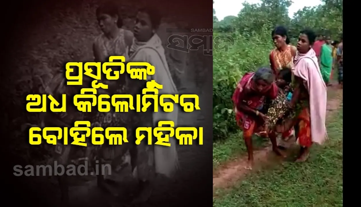  ରାସ୍ତା ନଥିବାରୁ ପହଞ୍ଚି ପାରିଲାନି ଆମ୍ବୁଲାନ୍‌ସ, ନବଜାତ ଶିଶୁ ସହ ପ୍ରସୂତିଙ୍କୁ ବୋହିଲେ ମହିଳା