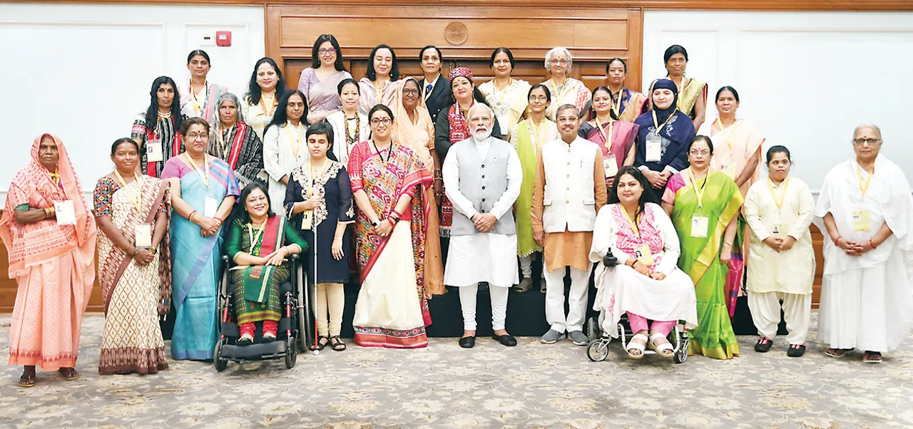  PM at an interaction with the Nari Shakti Puraskar Awardees for the years 2020 and 2021, at Lok Kalyan Marg, in New Delhi on March 07, 2022. 